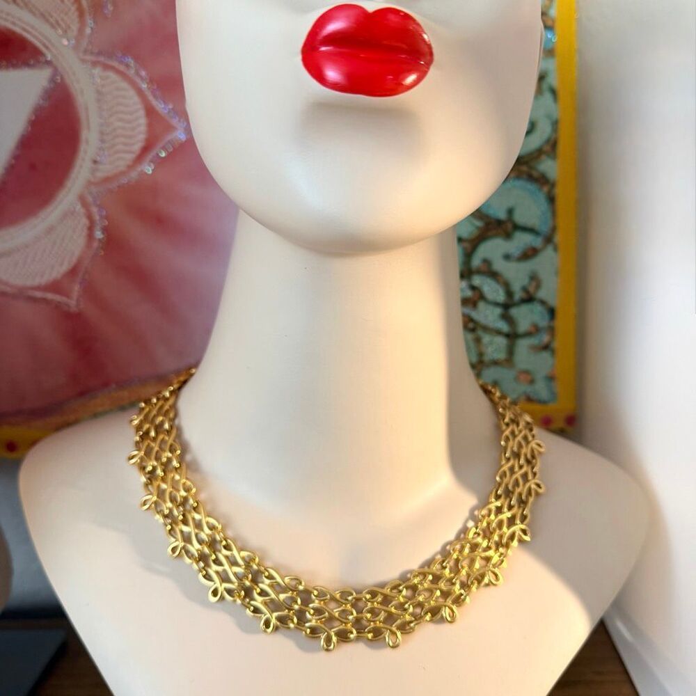 Gold Tone Multi Scroll Link Statement Necklace